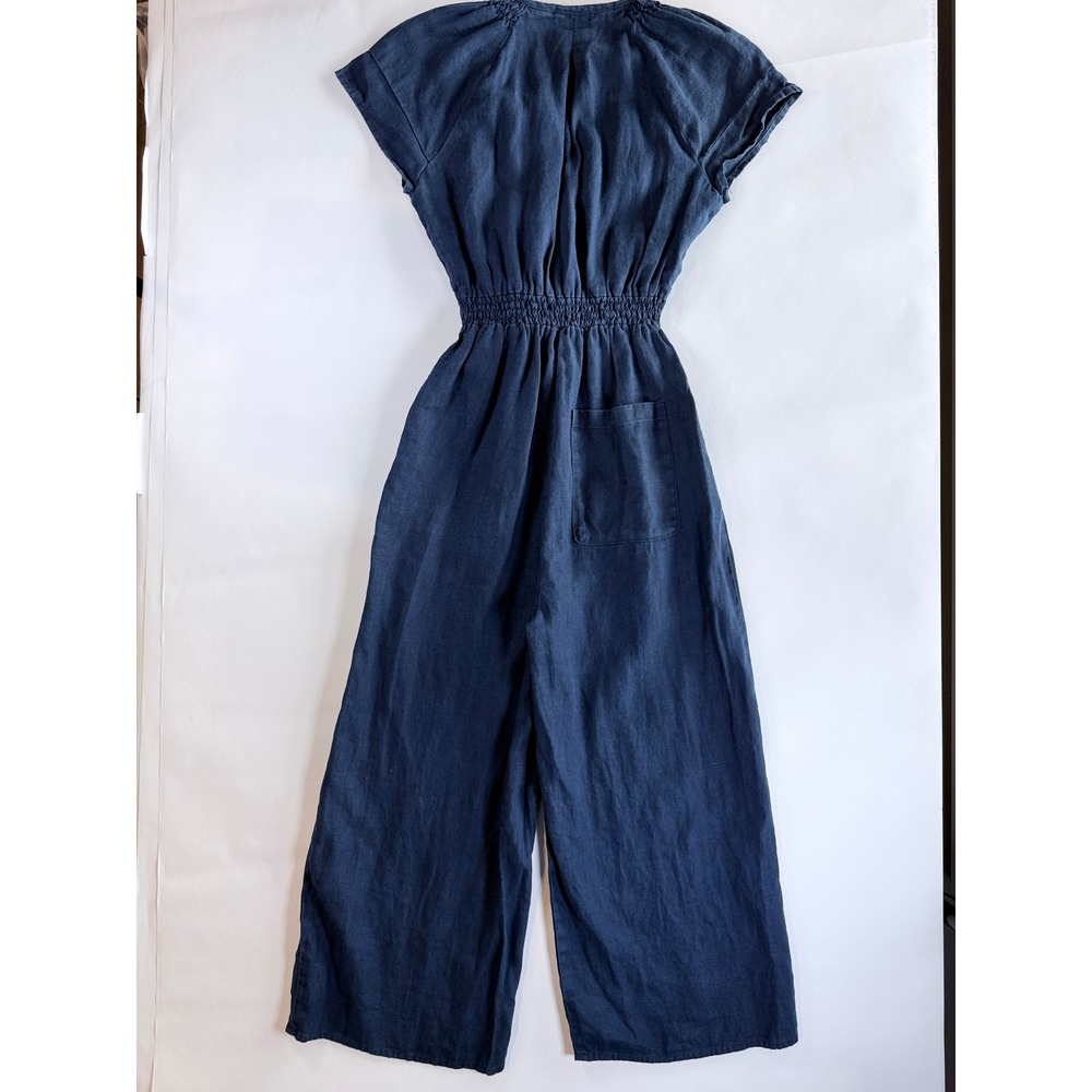 Whistles Etta Jumpsuit Women US 0 Blue Linen Wrap Tie Waist Wide Leg Cap Sleeve - Picture 14 of 16